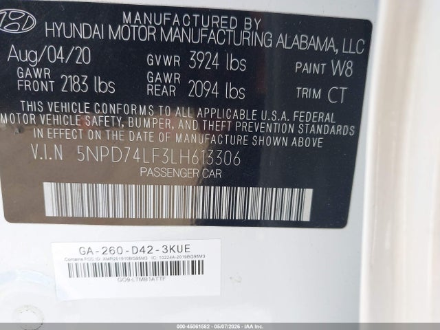 45061582 :رقم المزاد ، 5NPD74LF3LH613306 vin ، 2020 Hyundai Elantra Se مزاد بيع
