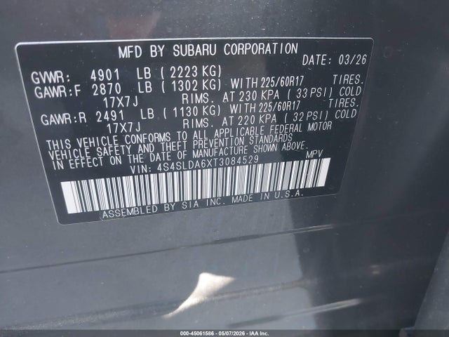 Aukcja sprzedaży 2026 Subaru Forester, vin: 4S4SLDA6XT3084529, numer aukcji: 45061586