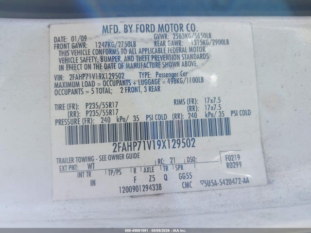 2009 Ford Crown Victoria Police/police Interceptor მანქანა იყიდება აუქციონზე, vin: 2FAHP71V19X129502, აუქციონის ნომერი: 45061591