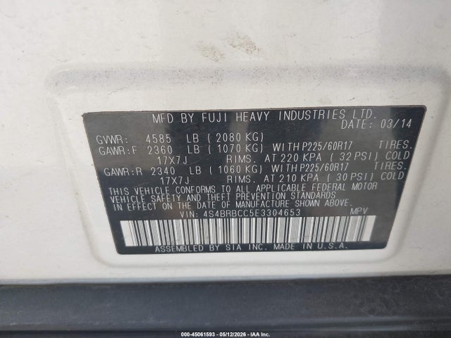 Продажа на аукционе авто 2014 Subaru Outback 2.5i Premium, vin: 4S4BRBCC5E3304653, номер лота: 45061593