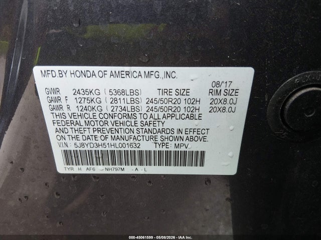 45061599 :رقم المزاد ، 5J8YD3H51HL001632 vin ، 2017 Acura Mdx Technology Package مزاد بيع