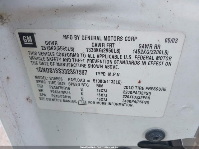 Продажа на аукционе авто 2003 Chevrolet Trailblazer Ls, vin: 1GNDS13S332397587, номер лота: 45061600