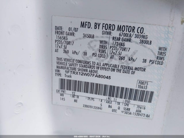 Aukcja sprzedaży 2007 Ford F-150 Stx/xl/xlt, vin: 1FTRX12W07FA80045, numer aukcji: 45061605