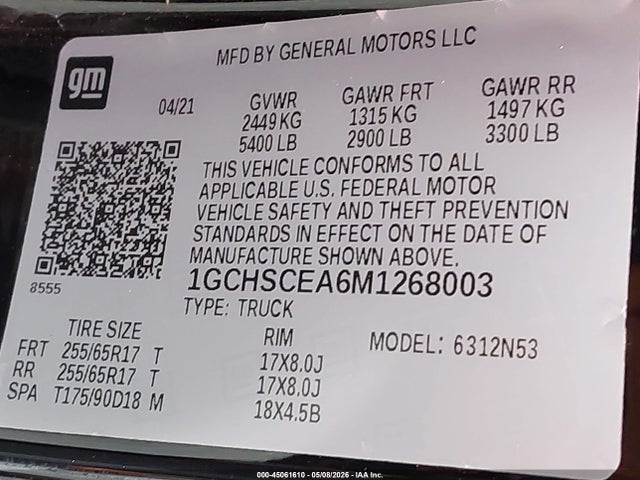 45061610 :رقم المزاد ، 1GCHSCEA6M1268003 vin ، 2021 Chevrolet Colorado 2wd  Long Box Lt مزاد بيع