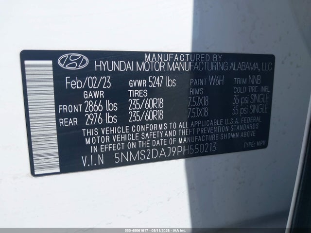 Продажа на аукционе авто 2023 Hyundai Santa Fe Sel, vin: 5NMS2DAJ9PH550213, номер лота: 45061617