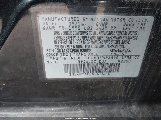 Продажа на аукционе авто 2017 Nissan Sentra S/sl/sr/sv, vin: 3N1AB7AP8HL636038, номер лота: 45061619