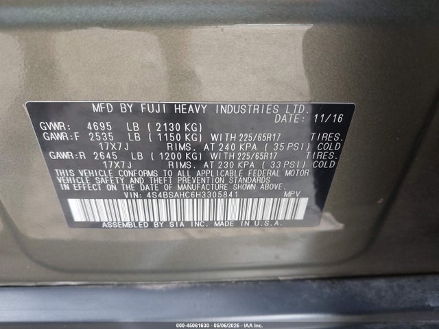 Продаж на аукціоні авто 2017 Subaru Outback 2.5i Premium, vin: 4S4BSAHC6H3305841, номер лоту: 45061630
