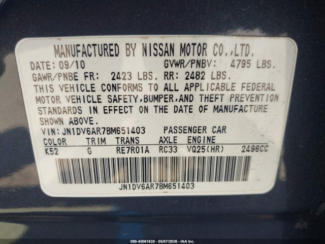 Aukcja sprzedaży 2011 Infiniti G25x, vin: JN1DV6AR7BM651403, numer aukcji: 45061638
