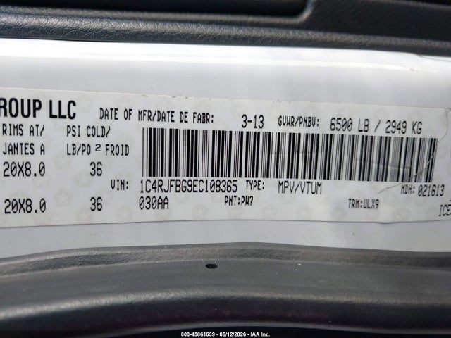 2014 Jeep Grand Cherokee Limited მანქანა იყიდება აუქციონზე, vin: 1C4RJFBG9EC108365, აუქციონის ნომერი: 45061639