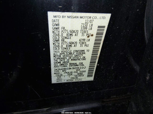 Auction sale of the 2008 Infiniti Qx56, vin: 5N3AA08D18N909102, lot number: 45061644