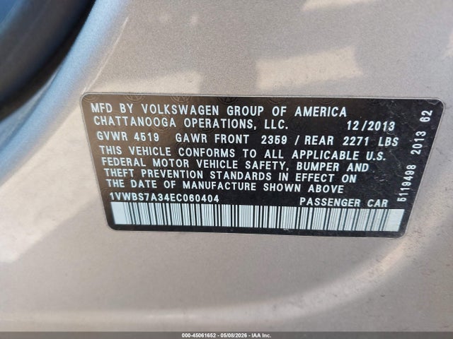 Продажа на аукционе авто 2014 Volkswagen Passat 1.8t Se, vin: 1VWBS7A34EC060404, номер лота: 45061652