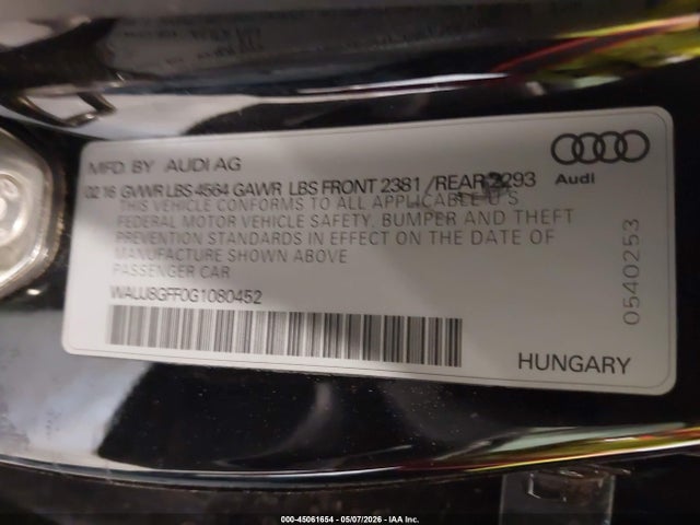 2016 Audi A3 2.0t Premium მანქანა იყიდება აუქციონზე, vin: WAUJ8GFF0G1080452, აუქციონის ნომერი: 45061654