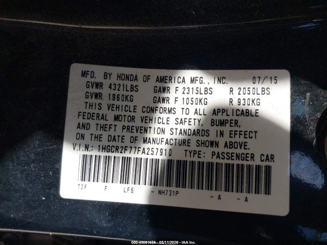 2015 Honda Accord Ex მანქანა იყიდება აუქციონზე, vin: 1HGCR2F77FA257910, აუქციონის ნომერი: 45061656