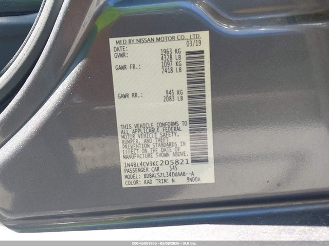 Aukcja sprzedaży 2019 Nissan Altima 2.5 Sr, vin: 1N4BL4CV3KC205821, numer aukcji: 45061665