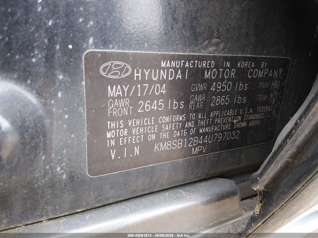 2004 Hyundai Santa Fe მანქანა იყიდება აუქციონზე, vin: KM8SB12B44U797032, აუქციონის ნომერი: 45061674