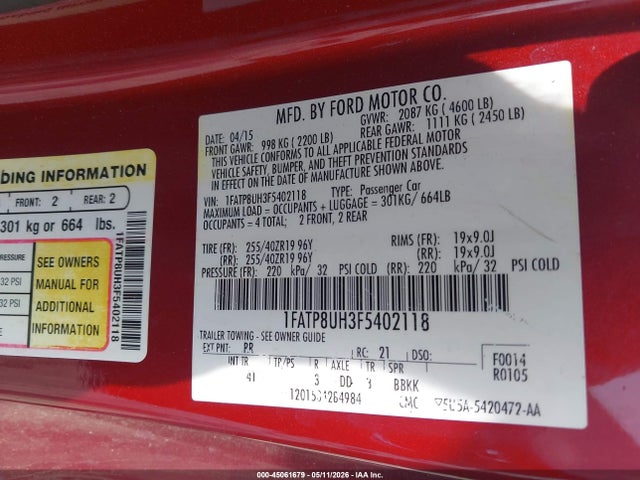 2015 Ford Mustang Ecoboost Premium მანქანა იყიდება აუქციონზე, vin: 1FATP8UH3F5402118, აუქციონის ნომერი: 45061679