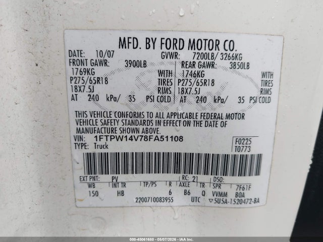 Aukcja sprzedaży 2008 Ford F-150 60th Anniversary/fx4/king Ranch/lariat/xlt, vin: 1FTPW14V78FA51108, numer aukcji: 45061680