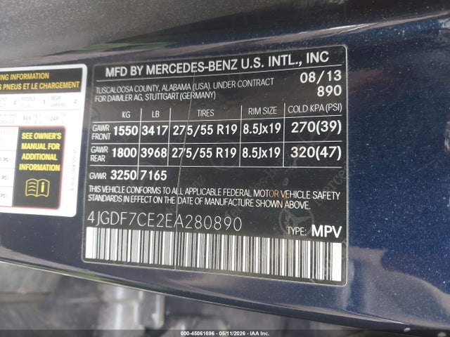 Aukcja sprzedaży 2014 Mercedes-benz Gl 450 4matic, vin: 4JGDF7CE2EA280890, numer aukcji: 45061696
