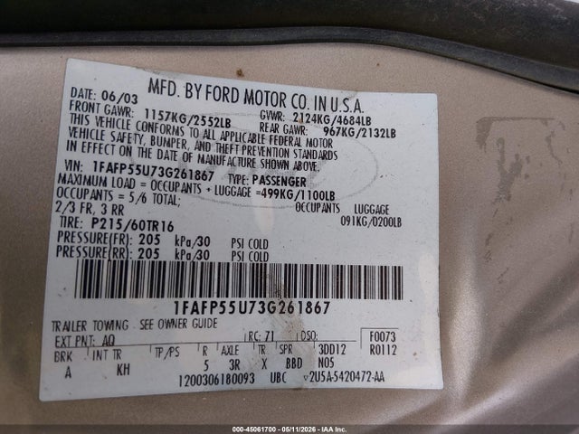Aukcja sprzedaży 2003 Ford Taurus Ses, vin: 1FAFP55U73G261867, numer aukcji: 45061700