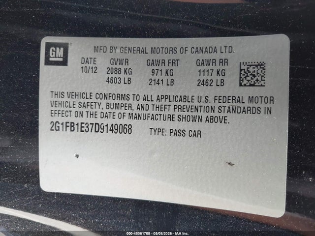 Auction sale of the 2013 Chevrolet Camaro 1lt, vin: 2G1FB1E37D9149068, lot number: 45061708