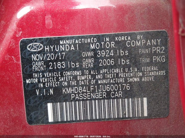 Aukcja sprzedaży 2018 Hyundai Elantra Sel, vin: KMHD84LF1JU600176, numer aukcji: 45061716