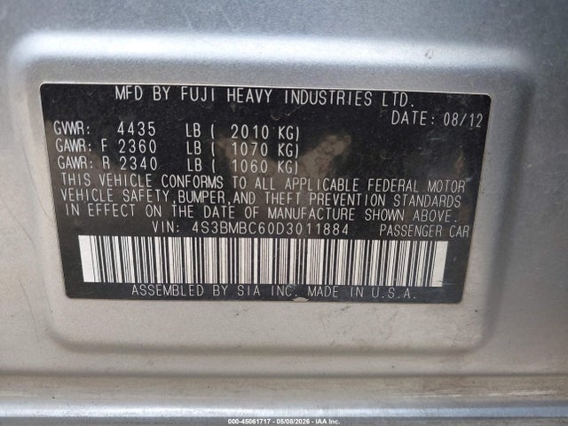 Продажа на аукционе авто 2013 Subaru Legacy 2.5i Premium, vin: 4S3BMBC60D3011884, номер лота: 45061717