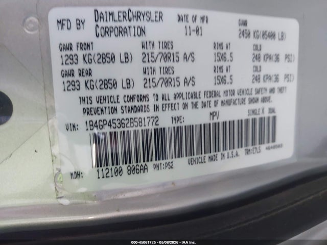 Продажа на аукционе авто 2002 Dodge Caravan Sport, vin: 1B4GP45362B581772, номер лота: 45061725