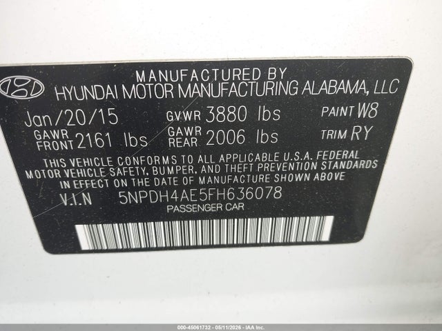Продажа на аукционе авто 2015 Hyundai Elantra Se, vin: 5NPDH4AE5FH636078, номер лота: 45061732