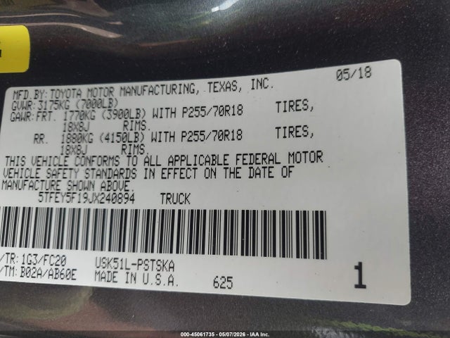 45061735 :رقم المزاد ، 5TFEY5F19JX240894 vin ، 2018 Toyota Tundra Sr5 5.7l V8 مزاد بيع