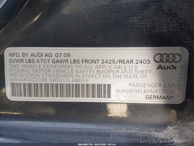 45061739 :رقم المزاد ، WAUAFAFL8AN010772 vin ، 2010 Audi A4 2.0t Premium مزاد بيع