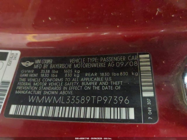 45061748 :رقم المزاد ، WMWML33589TP97396 vin ، 2009 Mini Cooper Clubman مزاد بيع