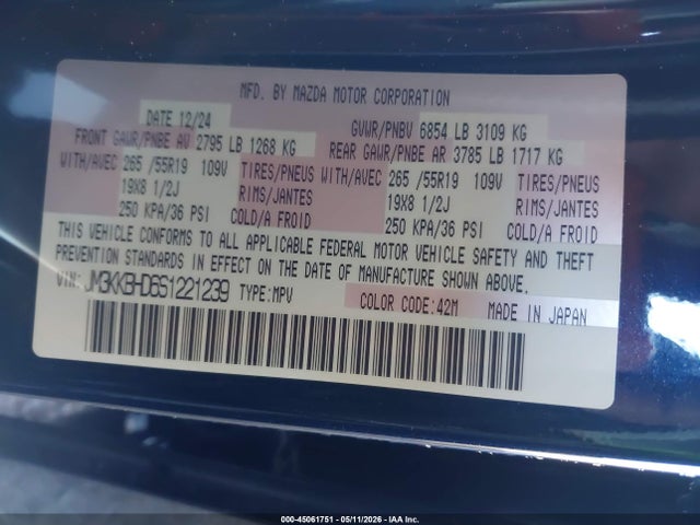45061751 :رقم المزاد ، JM3KKBHD6S1221239 vin ، 2025 Mazda Cx-90 3.3 Turbo Preferred Package مزاد بيع