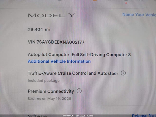 Aukcja sprzedaży 2022 Tesla Model Y Long Range Dual Motor All-wheel Drive, vin: 7SAYGDEEXNA002177, numer aukcji: 45061754