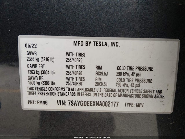 Aukcja sprzedaży 2022 Tesla Model Y Long Range Dual Motor All-wheel Drive, vin: 7SAYGDEEXNA002177, numer aukcji: 45061754