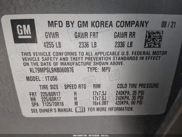 45061756 :رقم المزاد ، KL79MPSL9NB060976 vin ، 2022 Chevrolet Trailblazer Fwd Lt مزاد بيع
