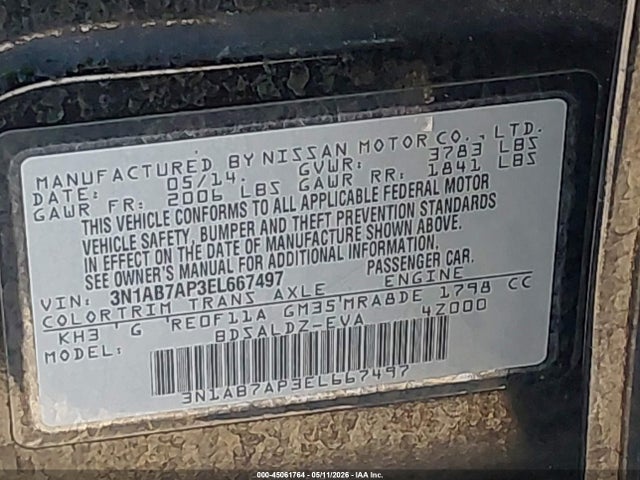 2014 Nissan Sentra Fe+ S/fe+ Sv/s/sl/sr/sv მანქანა იყიდება აუქციონზე, vin: 3N1AB7AP3EL667497, აუქციონის ნომერი: 45061764
