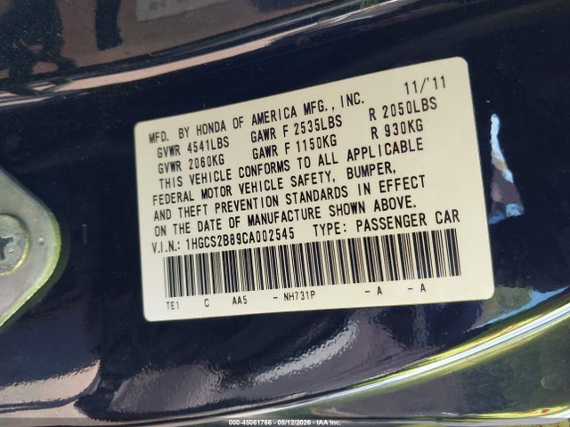 Auction sale of the 2012 Honda Accord 3.5 Ex-l, vin: 1HGCS2B89CA002545, lot number: 45061766