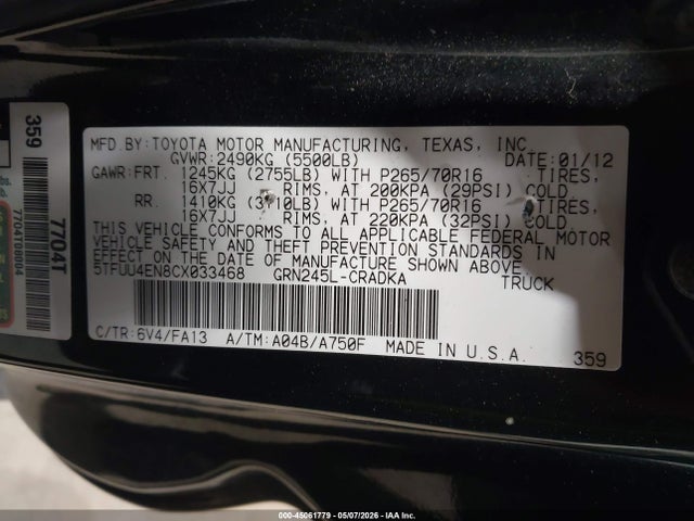 45061779 :رقم المزاد ، 5TFUU4EN8CX033468 vin ، 2012 Toyota Tacoma Base V6 مزاد بيع