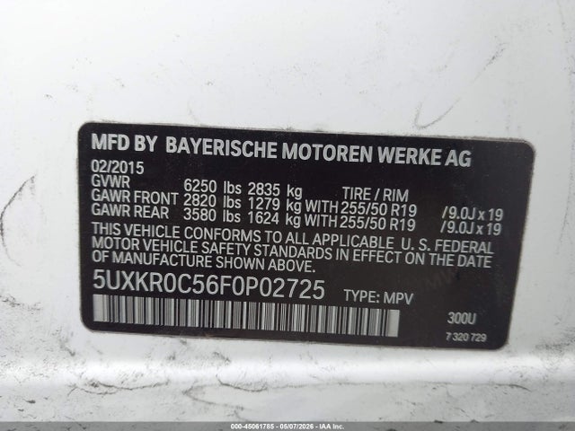Продажа на аукционе авто 2015 Bmw X5 Xdrive35i, vin: 5UXKR0C56F0P02725, номер лота: 45061785