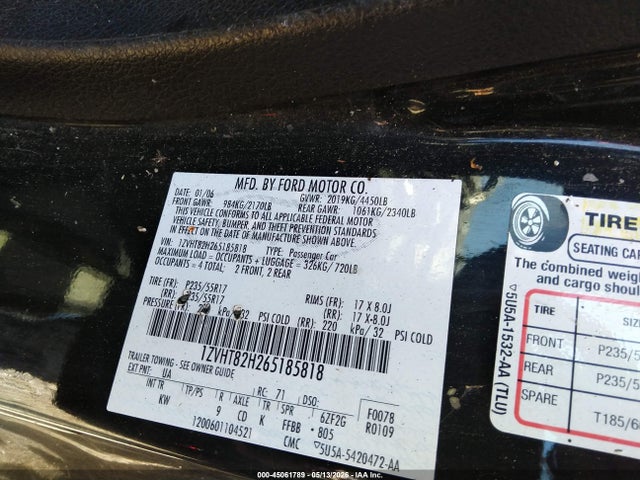Продаж на аукціоні авто 2006 Ford Mustang Gt, vin: 1ZVHT82H265185818, номер лоту: 45061789