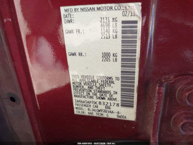 Aukcja sprzedaży 2013 Nissan Maxima 3.5 S, vin: 1N4AA5AP7DC832178, numer aukcji: 45061803
