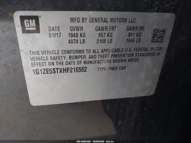 2017 Chevrolet Malibu 1lt მანქანა იყიდება აუქციონზე, vin: 1G1ZE5STXHF216582, აუქციონის ნომერი: 45061807