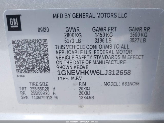 2020 Chevrolet Traverse Awd Lt Leather მანქანა იყიდება აუქციონზე, vin: 1GNEVHKW6LJ312658, აუქციონის ნომერი: 45061811