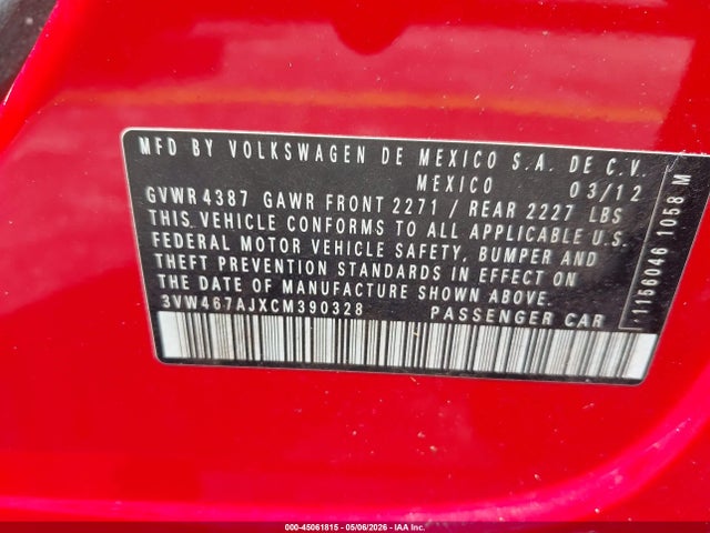 Продаж на аукціоні авто 2012 Volkswagen Jetta Gli Autobahn, vin: 3VW467AJXCM390328, номер лоту: 45061815