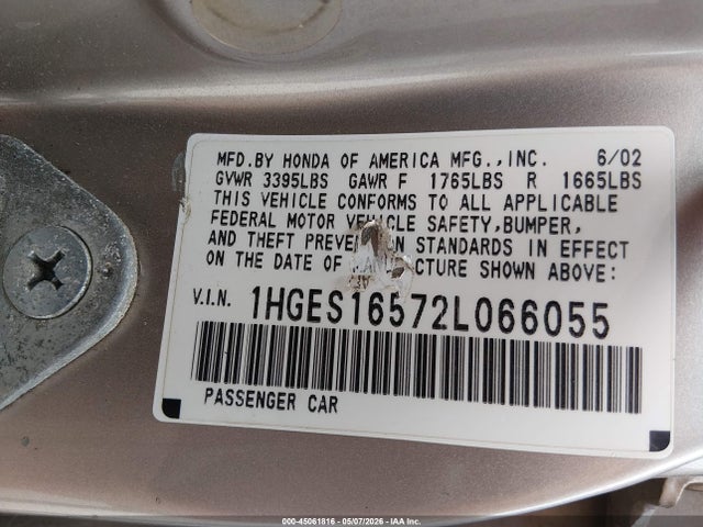 2002 Honda Civic Lx მანქანა იყიდება აუქციონზე, vin: 1HGES16572L066055, აუქციონის ნომერი: 45061816