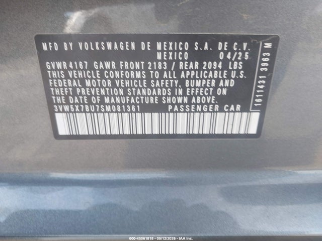 45061818 :رقم المزاد ، 3VW5X7BU7SM081361 vin ، 2025 Volkswagen Jetta S مزاد بيع