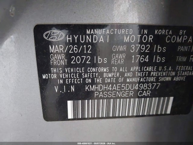 45061821 :رقم المزاد ، KMHDH4AE5DU498377 vin ، 2013 Hyundai Elantra Gls مزاد بيع