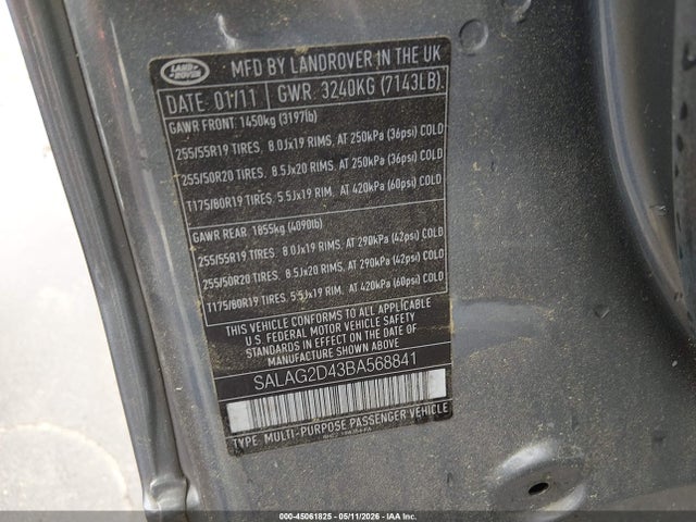 2011 Land Rover Lr4 მანქანა იყიდება აუქციონზე, vin: SALAG2D43BA568841, აუქციონის ნომერი: 45061825