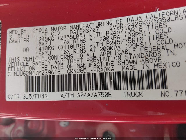 45061828 :رقم المزاد ، 3TMJU62N47M039816 vin ، 2007 Toyota Tacoma Prerunner V6 مزاد بيع