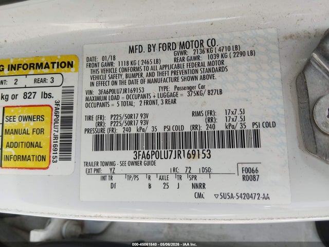 45061840 :رقم المزاد ، 3FA6P0LU7JR169153 vin ، 2018 Ford Fusion Hybrid Se مزاد بيع